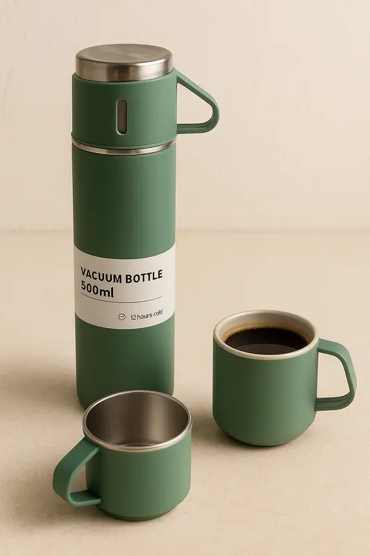 תרמוס 500 מ"ל כולל שתי כוסות עד 12 שעות שומר חום וקור במארז מתנה