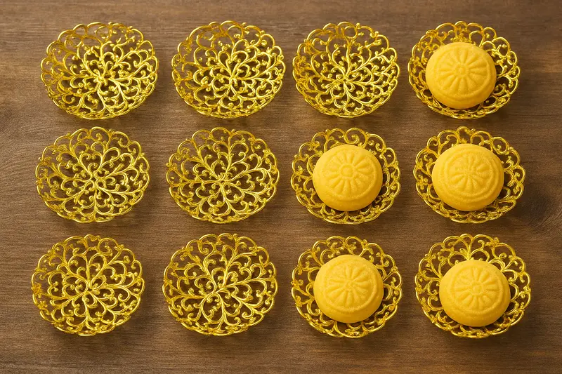 צלוחיות/מנג'טים פלסטיק בצבע זהב לעוגיות 12 יח במארז 8 ס"מ