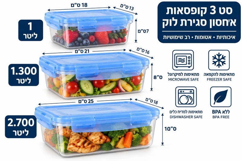 סט 3 קופסאות פלסטיק סגירת לוק בשלושה גדלים 1000*1300*2700 מ"ל "rosstein"