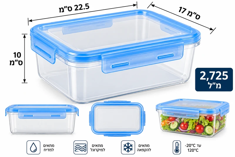קופסה לאחסון פלסטיק סגירת לוק 2750 מ"ל למיקרוגל ומדיח כלים