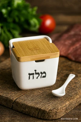 מיכל/קופסה למלח חרסינה כולל מכסה במבוק כולל כפית 9.5*9.5 ס"מ