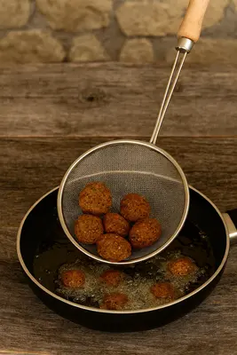 כף/מסננת טיגון ידית עץ מחוזקת 42 ס"מ