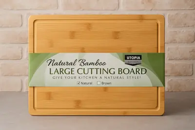 קרש בוצ'ר עץ L במבוק עבה כולל מסילה לניקוז נוזלים ומגרעות לאחיזה 46*30 ס"מ