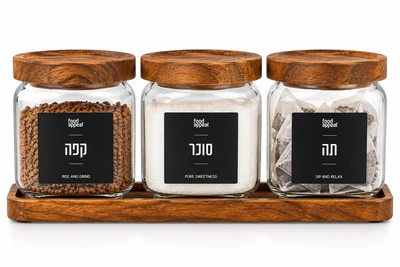 תה קפה סוכר 500 מ"ל כולל מגש עץ כולל מדבקות