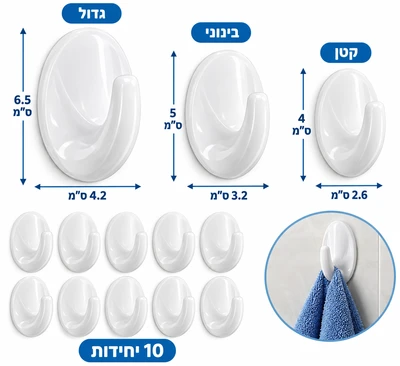 ווים/מתלים במדבקה מחוזקת מארז 10 יח ב3 גדלים למחר שימושים