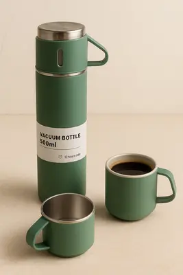 תרמוס 500 מ"ל כולל שתי כוסות עד 12 שעות שומר חום וקור במארז מתנה