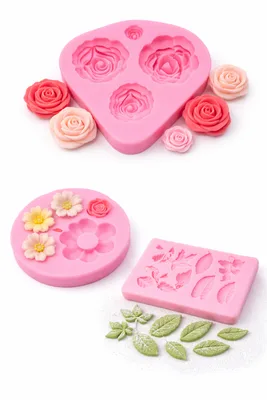 סט מולטי 3 שבלונות יציקת סיליקון שושנים פרחים ועלים