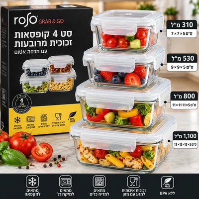סט 4 קופסאת מרובעות זכוכית חסינות חום